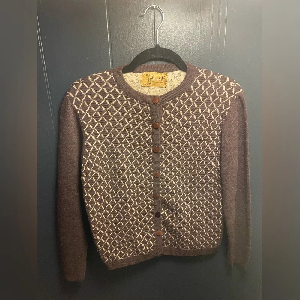 Vintage 40’s/50’s Glengarry Orlon Acrylic Button Up brown and ivory Cardigan - Picture 2 of 6